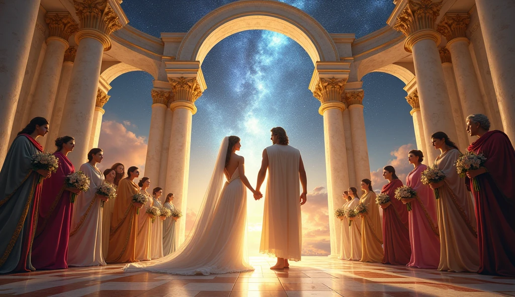 A Greek heavenly wedding is happening where Zeus, Hera, Athena, and Aphrodite is present.