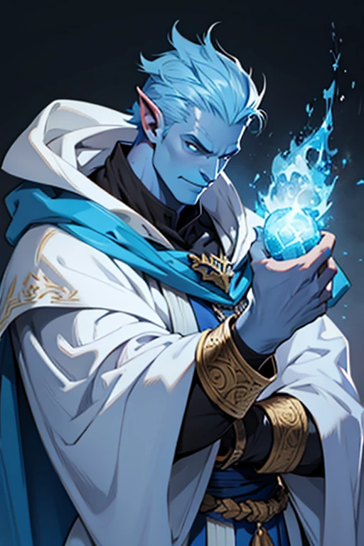 dnd male goliath sorcerer with blue skin and white robe