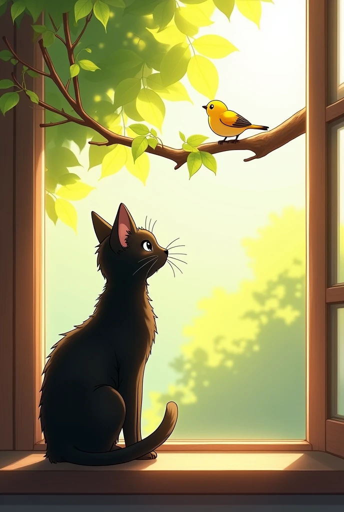 One sunny morning, a black cat named Piko was sitting on the edge of the window, looking out. Outside, a small yellow bird was chirping happily on a tree branch. Piko was very curious, but he also knew the bird was too fast to catch.