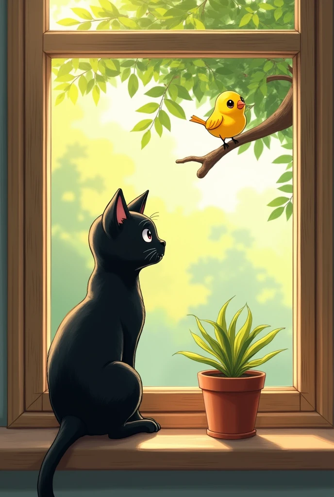 One sunny morning, a black cat named Piko was sitting on the edge of the window, looking out. Outside, a small yellow bird was chirping happily on a tree branch. Piko was very curious, but he also knew the bird was too fast to catch.
