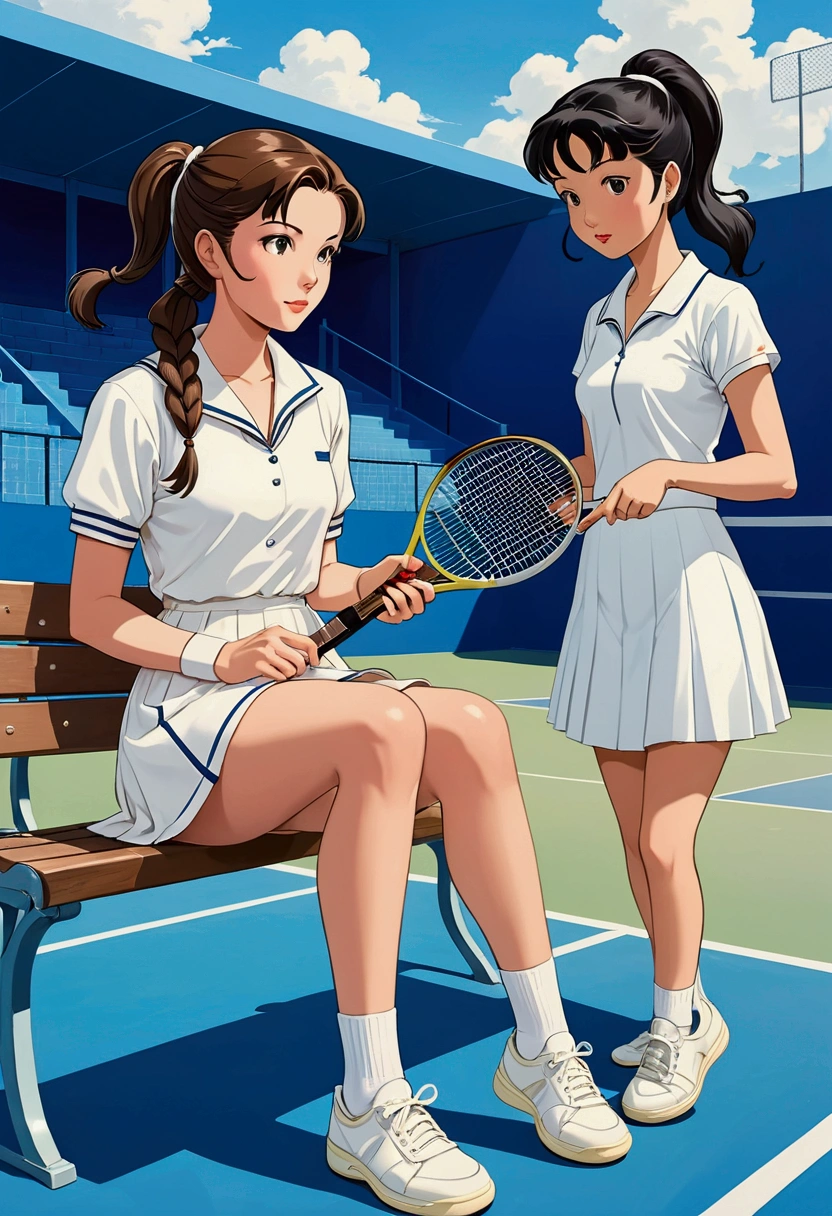 Create an idyllic image of two young women in anime style, One is a British woman with brown hair who wears a ponytail as a hairstyle, she is dressed in a white 1950s tennis outfit and carries a racket in her hand, next to her a beautiful Asian woman with long black hair who wears a long braid as a hairstyle and is dressed in a white 1950s tennis outfit and carries a racket in her hand, on her feet they have white sneakers and socks, they are sitting on a bench next to a blue tennis court