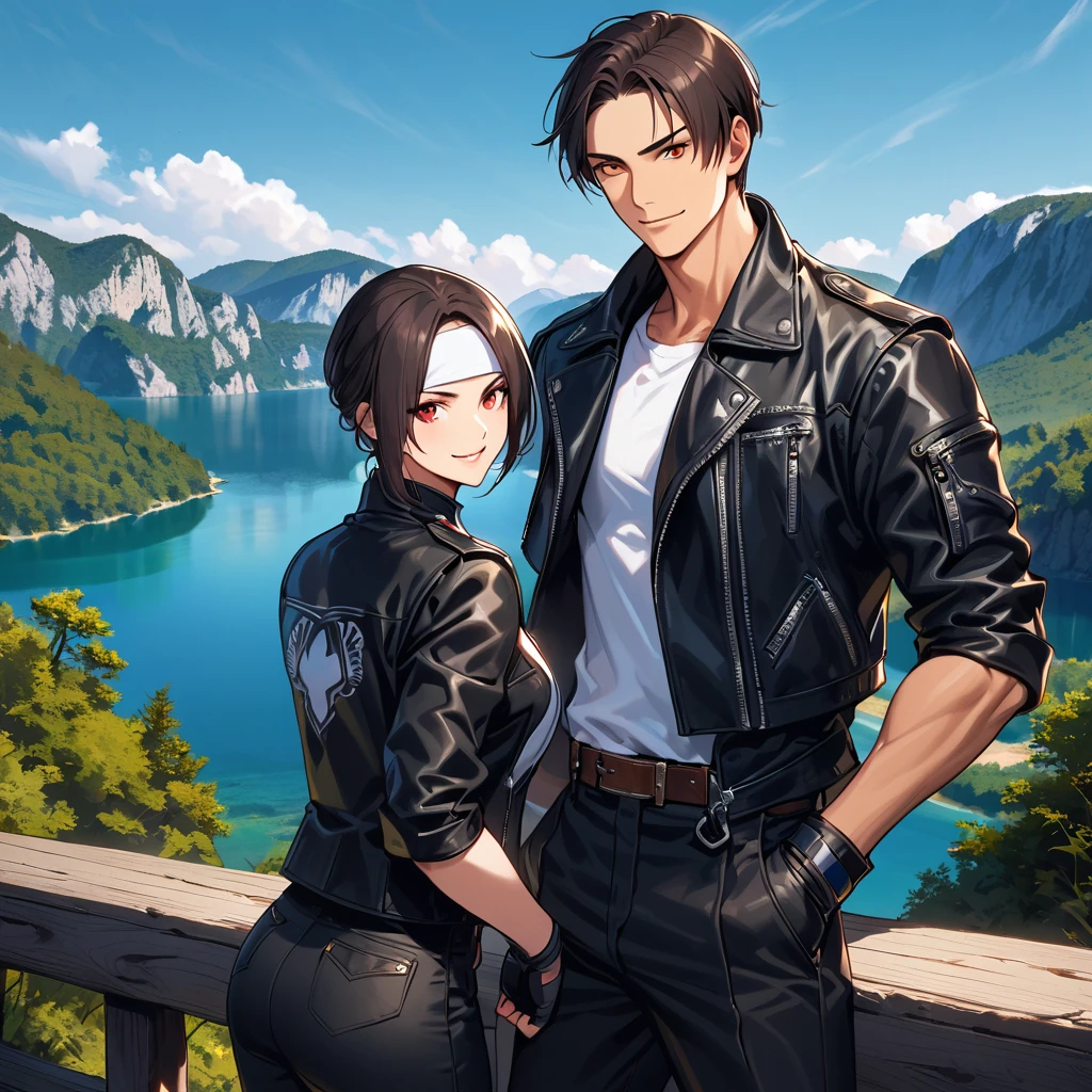 Orochkijo, dark skin, couple, two people, man and woman, red eyes, ((black leather jacket with rolled up arms)), fingerless gloves, black hair, white T-shirt, ((white headband)), black pants, white shoes, brown belt, handsome, shot, charming, famous, high resolution, fine face, fine grain, morning, blue sky, confident Smiling, With lover, Plitvice Lakes National Park in background, Croatia, Standing, Both man and woman wearing same clothes and hairstyle, Hands on hips, Toothy smile, Looking at viewer