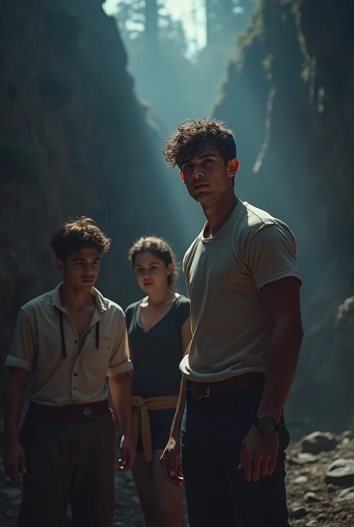A young man looking to his friends 
back and  saying all other men to take care of themselves and then he moves to his destination and dark background in motion 