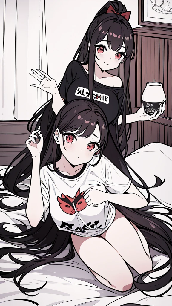 using pantimedies, wavy black hair, piercing look with deep red eyes, average stature, Waist length hair, Silky hair with a ponytail hairstyle collected with a red bow with two white lines, has a , has breastof breasts, smalts, slim, foregSession, sitting in her room, standing in his room, wearing pantyhose, using pantimediecardias, neckline, looking at the viewer, lascivious smile, ((oversized t-shirt)), off the shoulders, without pants, washing machines, thighs, ((White T-shirt)), standing, hands on the hips,, shoes, blush, from below, thighs gorditos, thighs grandes, big ass