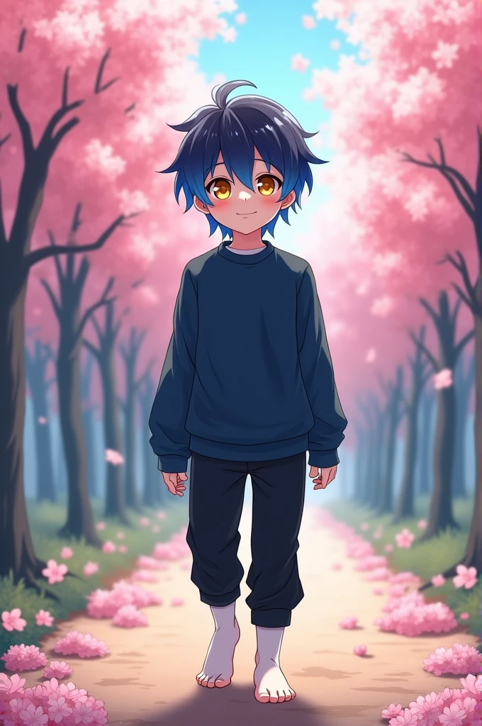 A boy with blue and black hair mixed with yellow eyes, a dark blue sweater, black pants and socks in a cute anime style walks by, standing and facing the camera with a big smile.,he doesn't wear shoes,the socks are white,the socks have no toes the bottom is a forest with sakuras.
THE SOCKS DON'T HAVE FINGERS