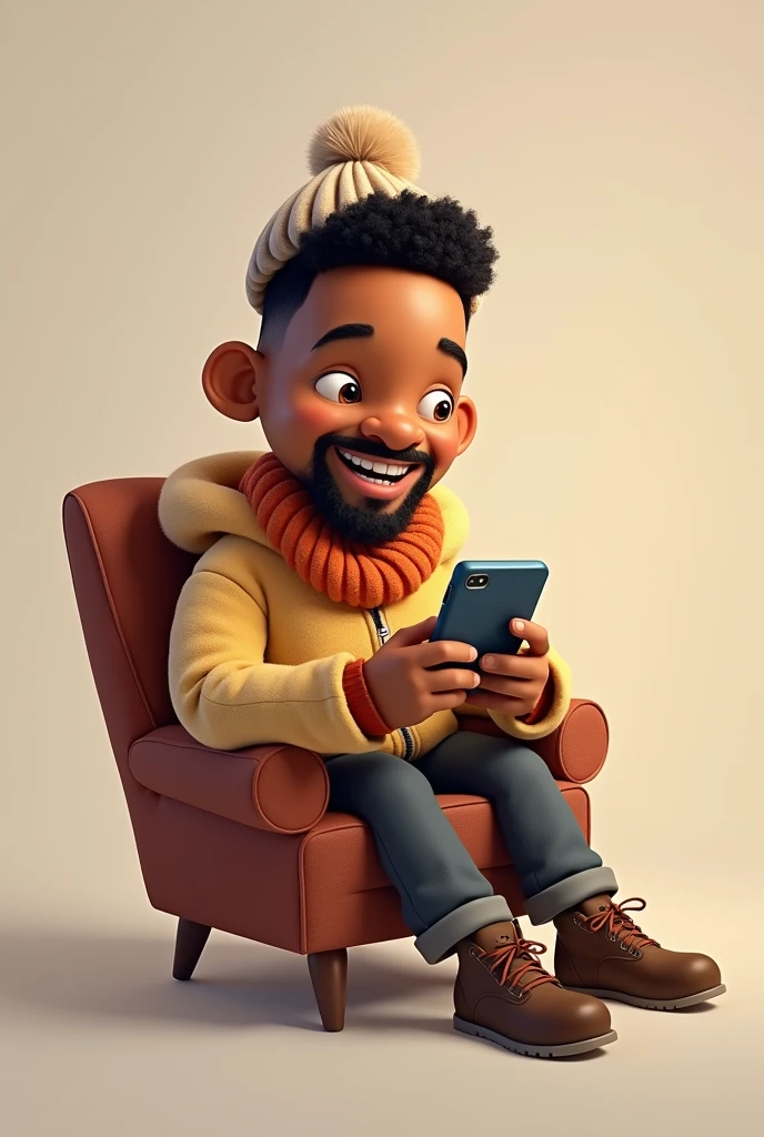 Cartoon portrait of Will Smith as in Pixar, with cold clothes, holding a smartphone, looking to smartphone, sitting down on chair