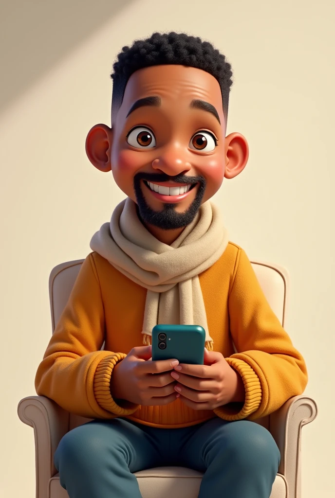Cartoon portrait of Will Smith as in Pixar, with cold clothes, holding a smartphone, looking to smartphone, sitting down on chair