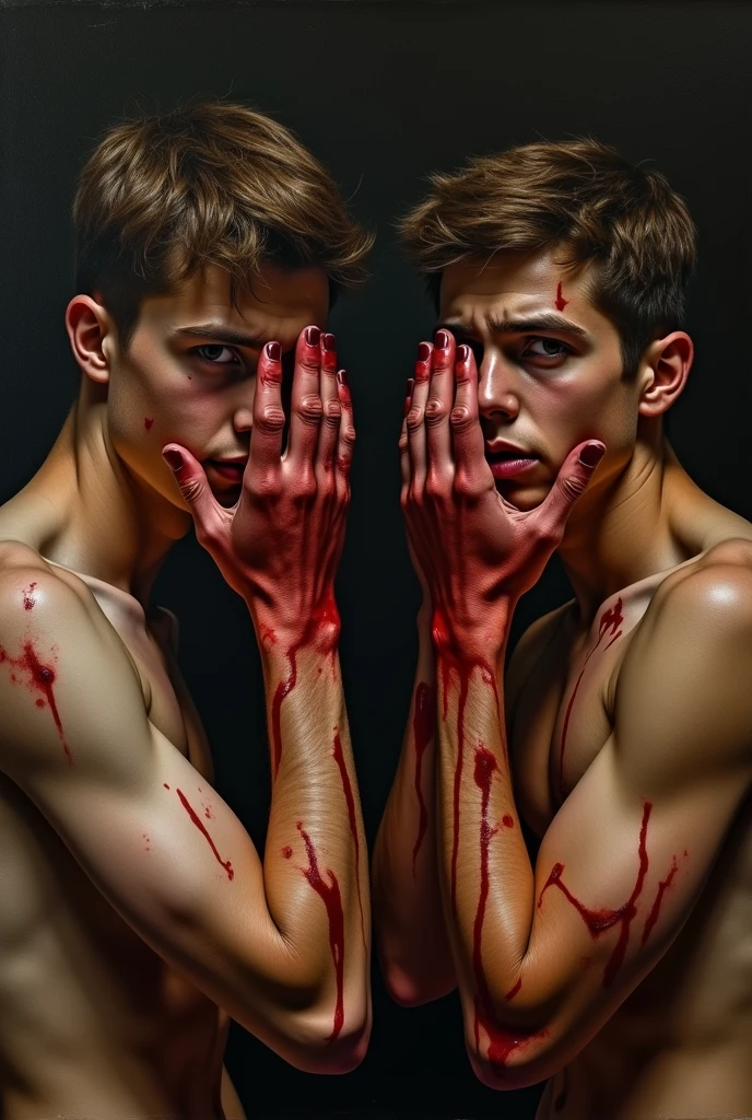 CARAVAGGIO PAINTING; YOUNG MEN; hands covering the face; hands full of blood; front view; portrait; dark