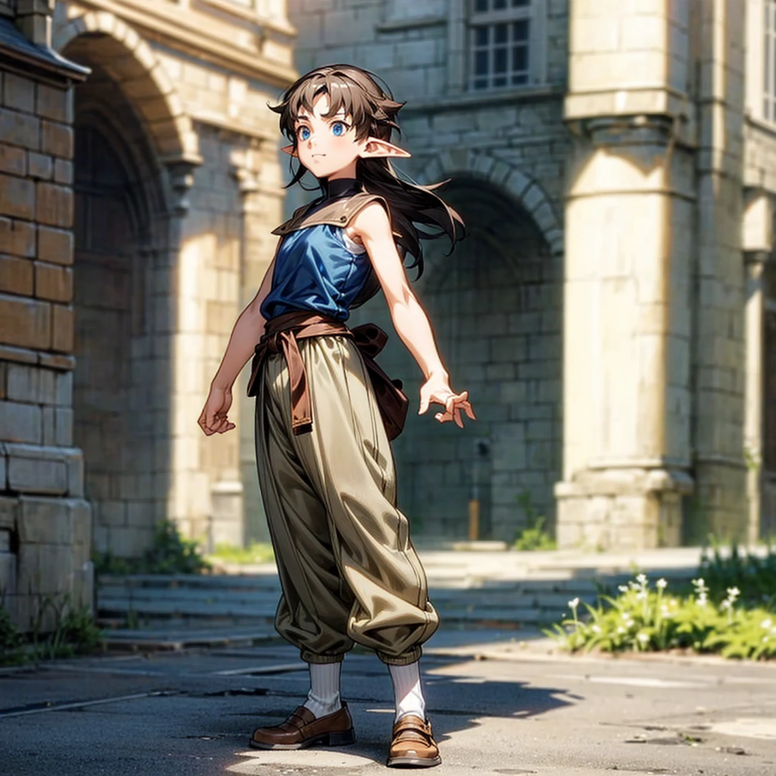 Solo character, full body version, kid boy, (elf), blue eyes, brown color hair, long hair, sleeveless t-shirt , long pants, shoes, outdoor, town, medieval, standing gesture, detailed background, detailed clothing, detailed hair, happy, Makoto shinkai style art)