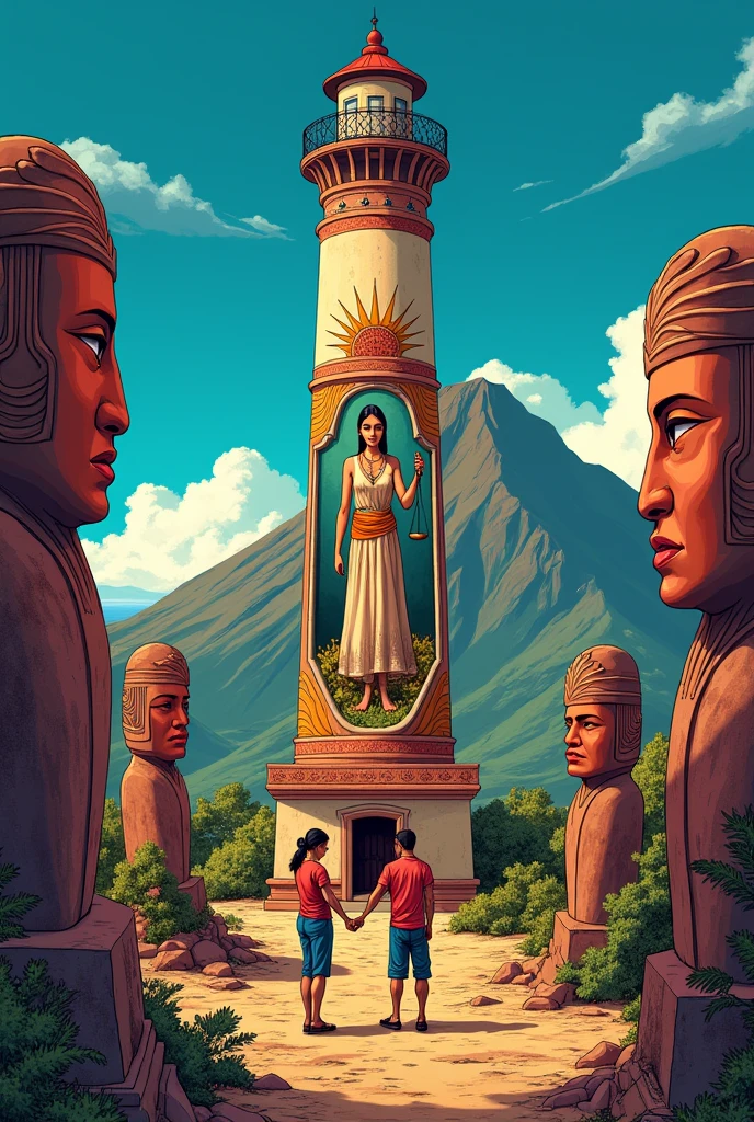 I want an image with the following objects: the Conchipata lighthouse in the city of Oruro, Bolivia, then also the Sajama hill, which is in Bolivia, and in the background a Bolivian art painting of a woman standing holding a scale and the man on the ground shaking her hand, and in the surroundings there are monolith masks, all of that for a comic book cover. 