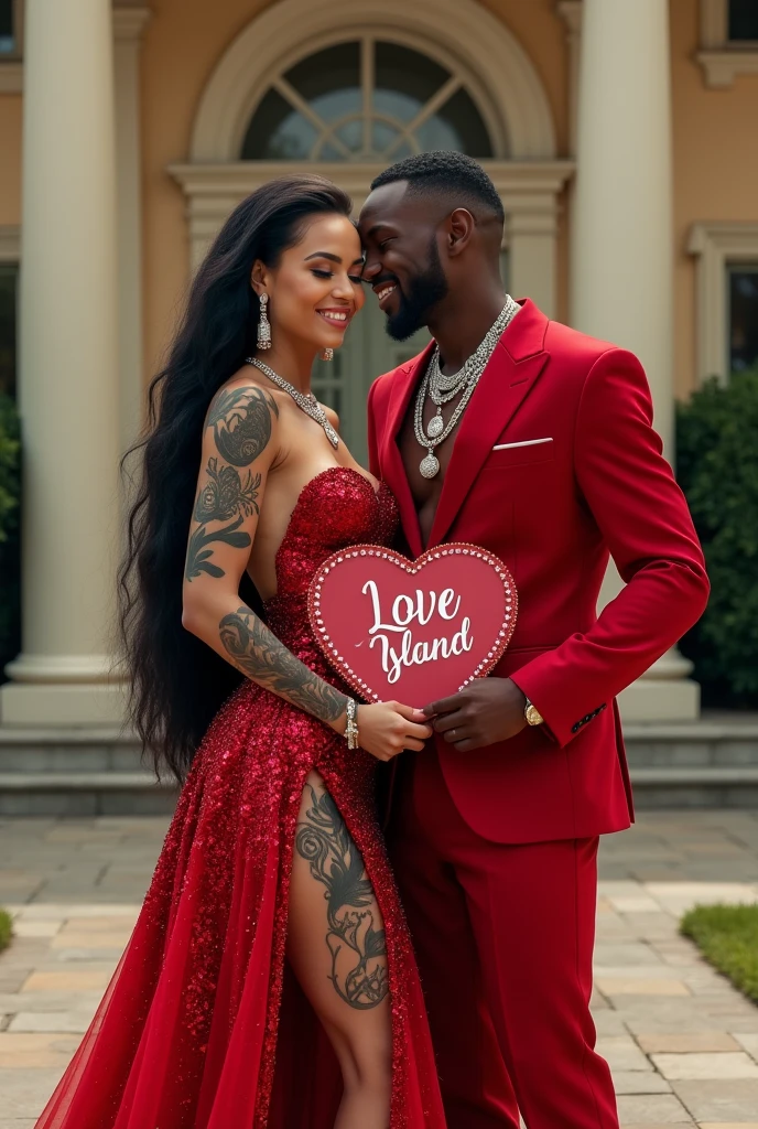 light skin black woman with tattoos long black hair wearing a red sparkly gown weaing a diamond chain that says Tinky standing beside a brown skin black man with low fade haircut wearing a red suit and wearing a diamond chain that says Donny in front of a big house both smiling and holding a giant heart shaped sign that says Love Island