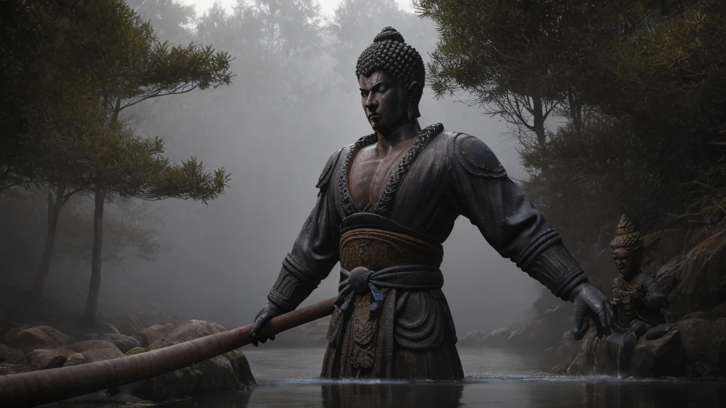 The huge Buddha statue made of water is gazing at the very tiny Wukong \(black myth\)，Swinging the Golden Cudgel，Jump up handsomely，After all the hardships，Stand in front of the Buddha statue，Sense of giants，Movie Feel，Lake fog，Perfect composition，close up，Shock