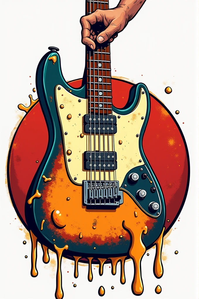 A circle logo inspired by cartoon pop art portraying a big dirty hand stuck in an electric guitar with strands of mozzarella attached to the guitar