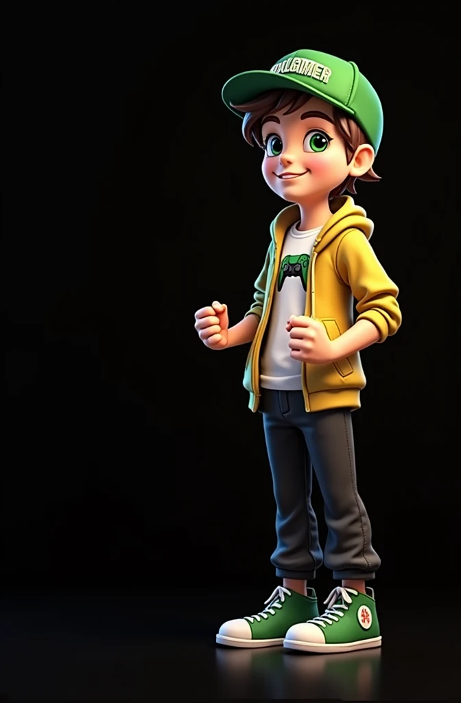 Create a 3D male influencer character of approximately youthful age and appearance . He is tall. His facial expression is friendly and smiling., with big green eyes that convey a sense of curiosity and joy. your hair is short, brown in color and slightly disheveled, visible under the CAP. His cap is green and has the word "Soulgamer" printed on the front. He wears a white T-shirt with a PS5 controller image printed on it.. He wears a green hooded jacket over a white t-shirt and matching cap.. He wears loose black pants that fit comfortably over green sneakers that match his jacket and cap., with white shoelaces tied tightly. He is standing with the fist of one of his hands clenched while the fist of his other hand is raised as if in celebration.. The character is in a setting similar to an RPG game and behind him you can see a portal at the entrance to a city where it is written "Soul Gamer"