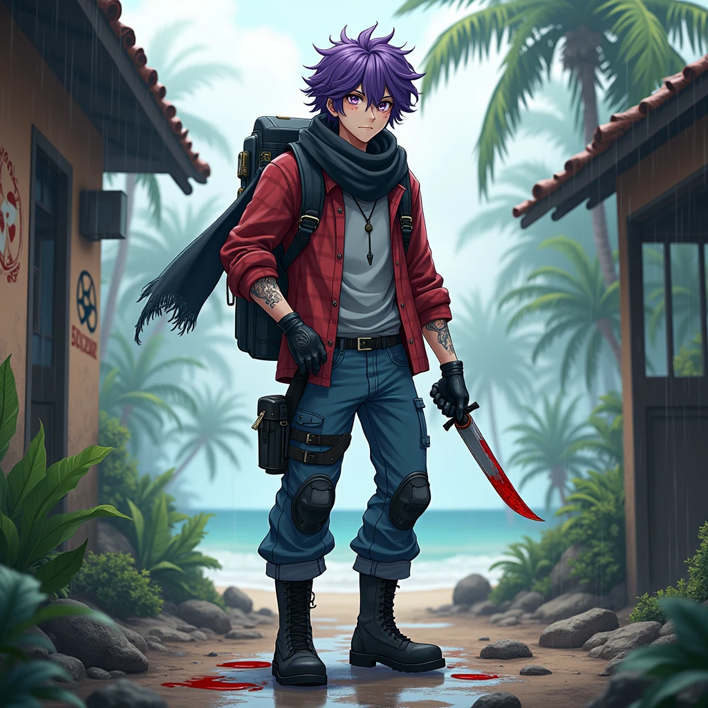 Anime Guy, slightly inflated, 2, purple eyes and purple curly hair, wears black boots, loose jeans, leather gloves, red checkered shirt, gray sweatshirt that is unbuttoned, there is a black backpack hanging on his back, in his right hand is a knife with a blade covered in blood from killing zombies, He has a leather holster hanging on his right hip, ruined tropical village in the background, light fog, rain, additional leather pouches hang on the belt, On the wall of one of the tropical houses there is a biohazard sign, beach , there is a black cloth scarf on his neck, which also has drops of blood on it, black knee pads