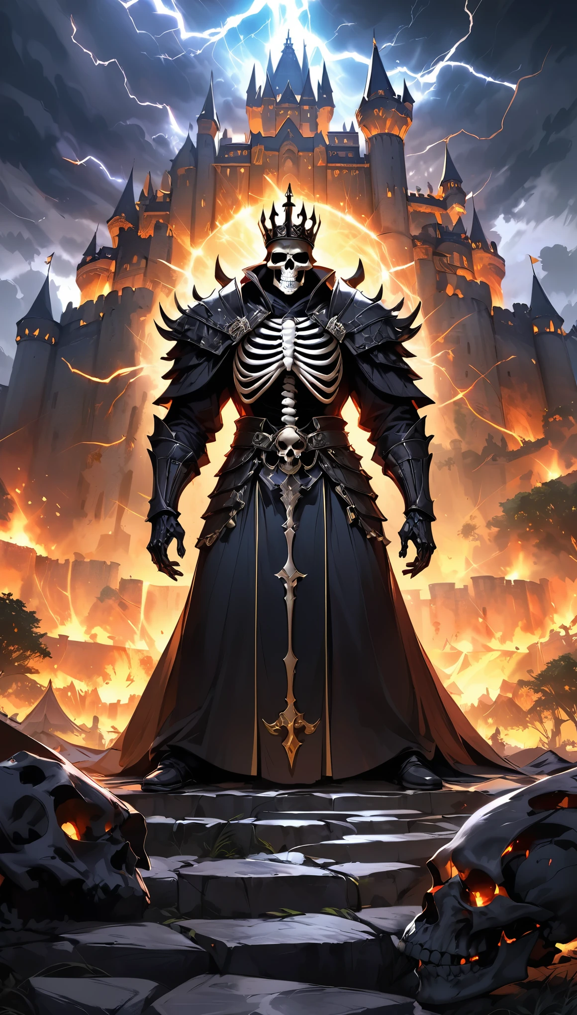 Skeleton King, alone, Skeleton Hero, Ritchie, Immortal King, Wearing a heavy, richly decorated robe:1.2, Object of Awe, Set up camp in front of the old castle, Dark clouds and thunder, Miasma is floating around, Symbol of authority, High-quality texture, A sacred atmosphere, Background of the old castle, Magnificent light effects, Fanatics, Servant, (Highest quality:1.2, Very detailed, Latest, Vibrant, Ultra-high resolution, High Contrast, masterpiece:1.2, Highest quality, Best aesthetics),