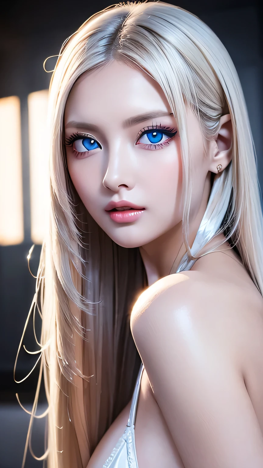 Unparalleled beauty, Shiny, firm, glowing skin, Bangs between the eyes, Beautiful luster, Straight platinum blonde, Super long straight silky hair, eyeliner, sexlyで美しい無邪気な20歳, High resolution, Very bright and beautiful big glowing light blue eyes、Very big eyes、Beautiful and adorable, ((Huge ))、((erotic、sexly、超High resolution、The lighting is bright、Precise needles without discomfort))、