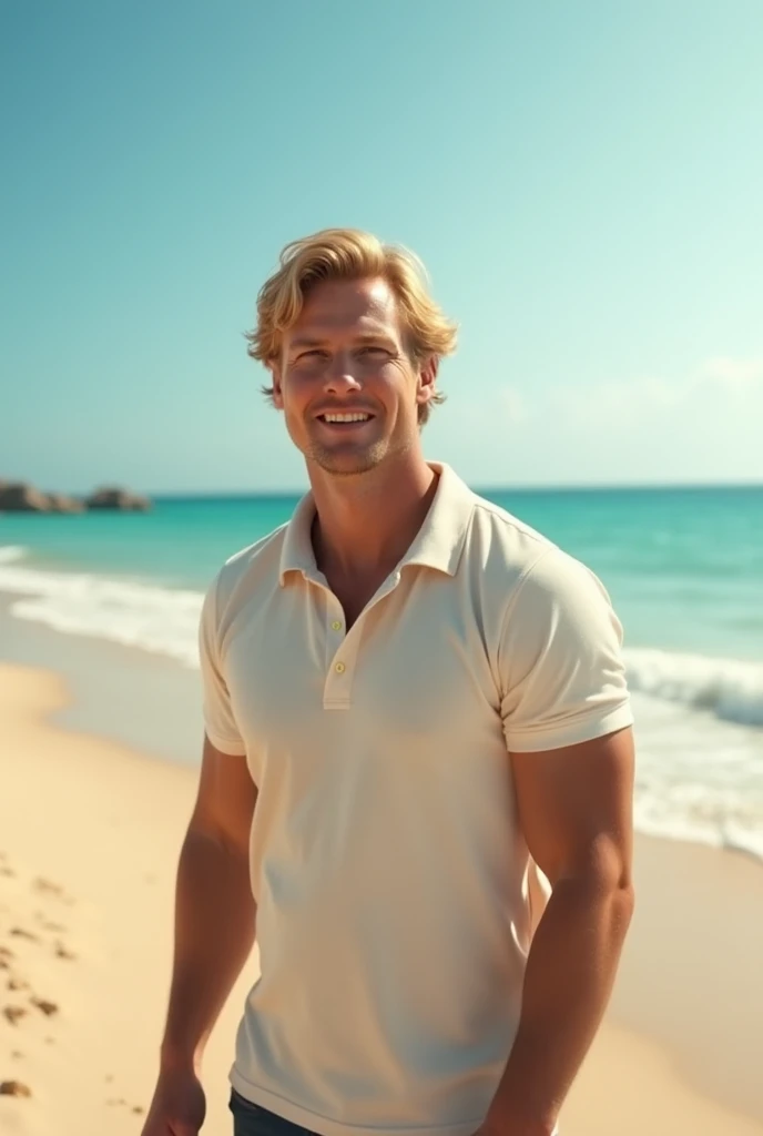 a blond man on the beach in casual clothes polo shirt with long hair