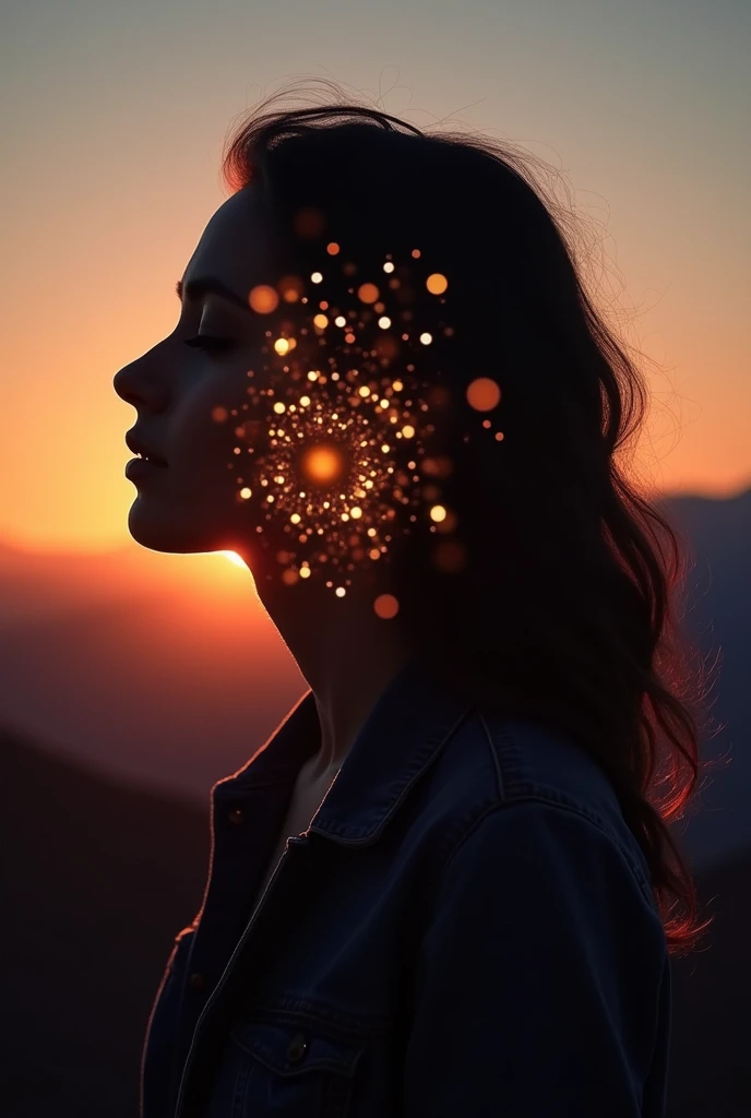 Masterpiece, Silhouette of a woman's face. Within this silhouette there are moving magic lights. In the background of the image the sunset in a landscape with mountains.