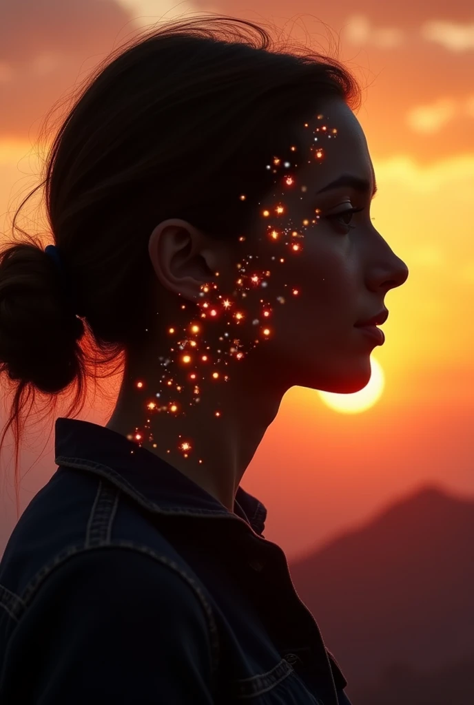 Masterpiece, Silhouette of a woman's face. Within this silhouette there are moving magic lights. In the background of the image the sunset in a landscape with mountains.