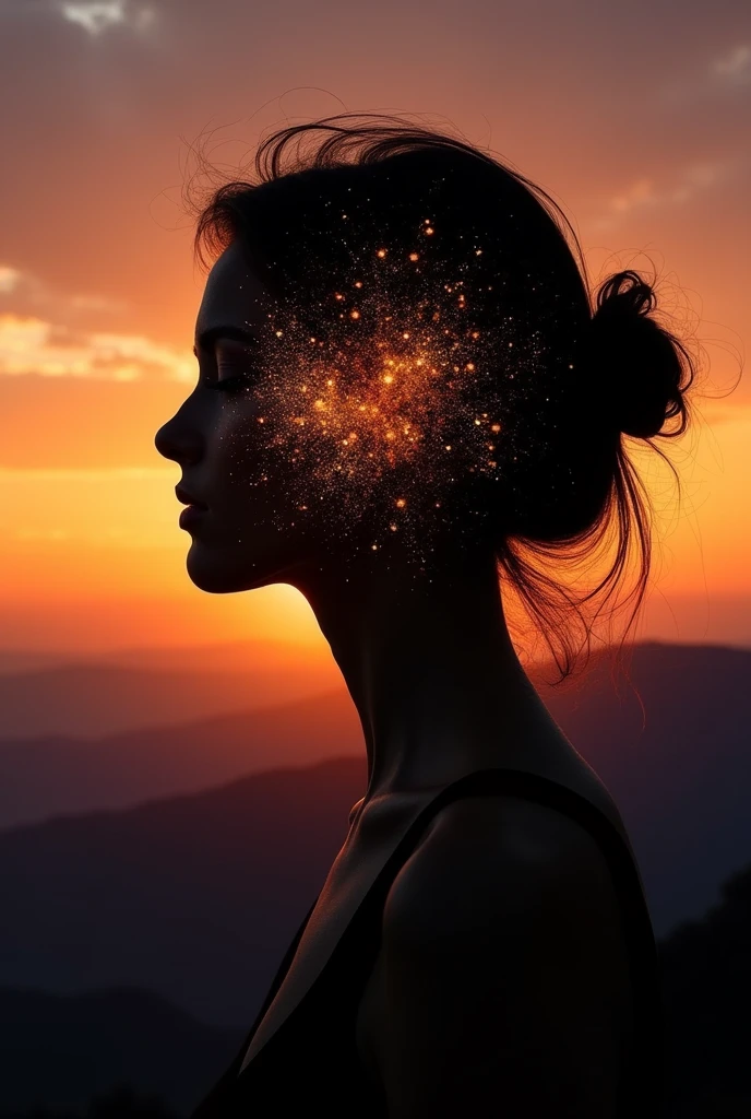 Masterpiece, Silhouette of a woman's face. Within this silhouette there are moving magic lights. In the background of the image the sunset in a landscape with mountains.
