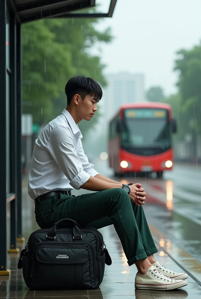 Malaysia man average 1. Teenage man , wear white collar clothes. Black belt. Dark green long pants. Holding body glove bag ,dirty white converse shoes. Sitting on the bus stops. Figure four lock. Wear g shocked watch. Raining day. Wet road. Background bus coming. 