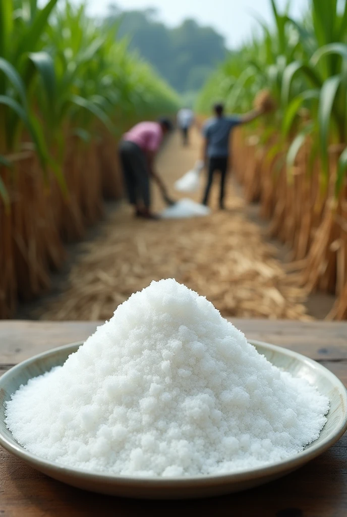 Real image of a plate with white sugar and a sugarcane crop with workers in the background