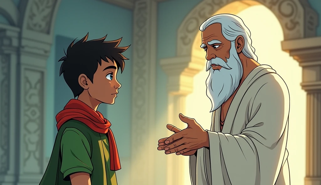 Comic style. Arav, maintaining his youthful appearance, bows respectfully as Sage Bhaskar greets him. Arav's expression is a mix of respect and curiosity. He’s dressed in his green cloak, with the red scarf clearly visible. The sage, with his long white beard and blue eyes, gestures for Arav to enter, his white robes flowing gently.