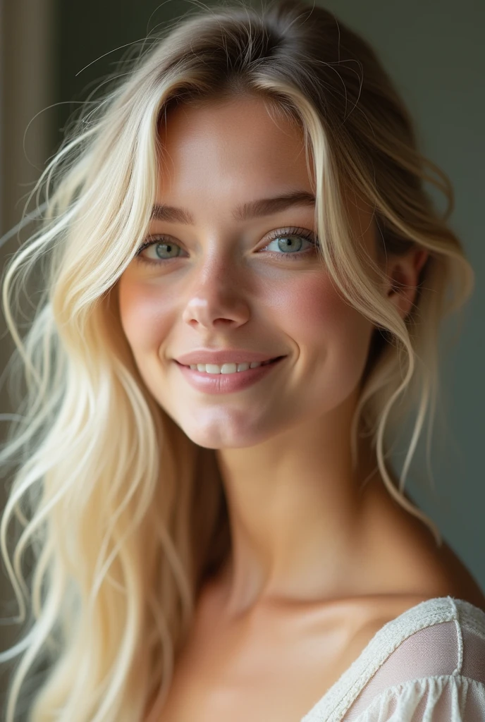 Young woman, blonde 20 years old, beautiful appearance, hair does not cover the face. take 5 photos