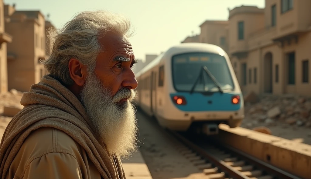 An old and tired poor Egyptian man, detailed face showing signs of age and fatigue, looking at the monorail train, with dilapidated old buildings in the background, (best quality,4k,8k,highres,masterpiece:1.2),ultra-detailed,(realistic,photorealistic,photo-realistic:1.37),extremely detailed eyes and face,longeyelashes,worn clothes,weathered skin,weary expression,monorail train station,derelict buildings,urban landscape,warm color tones,dramatic lighting,cinematic composition