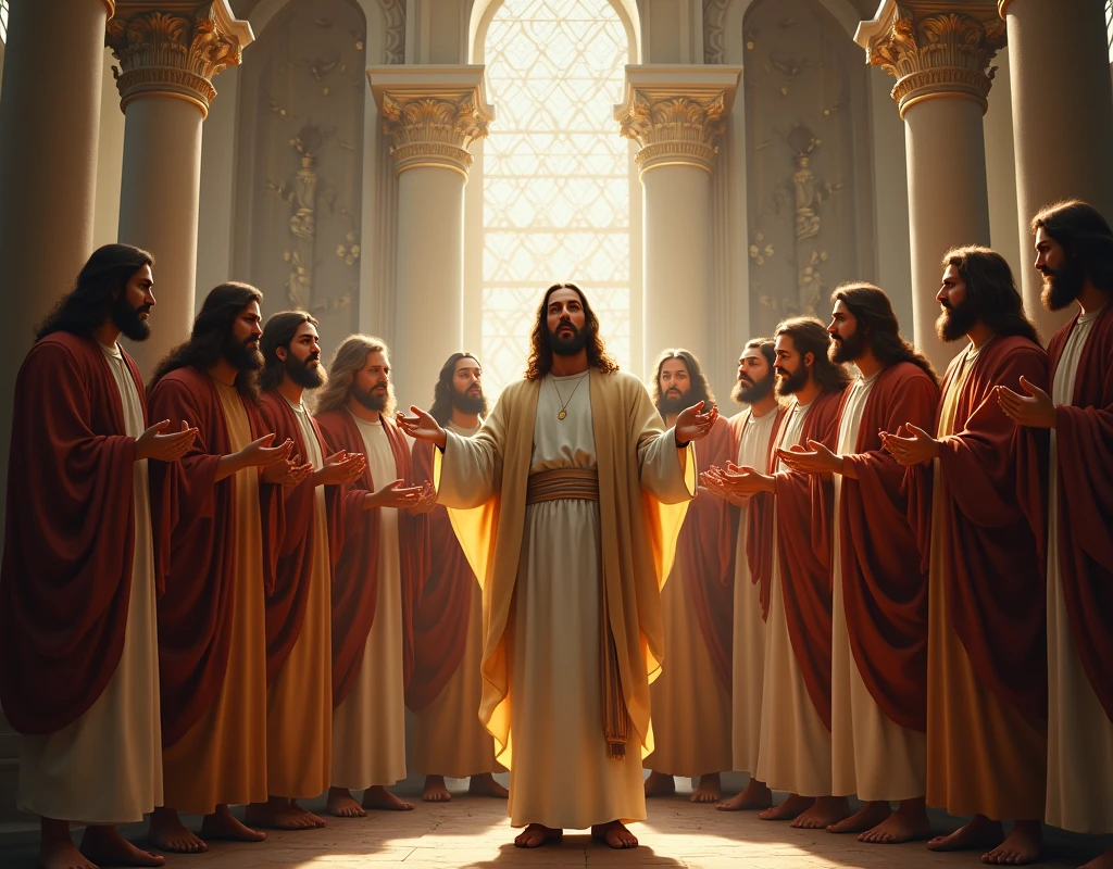 We need an image in which Jesus is singing with all his disciples in his temple. High quality image. Baith ker