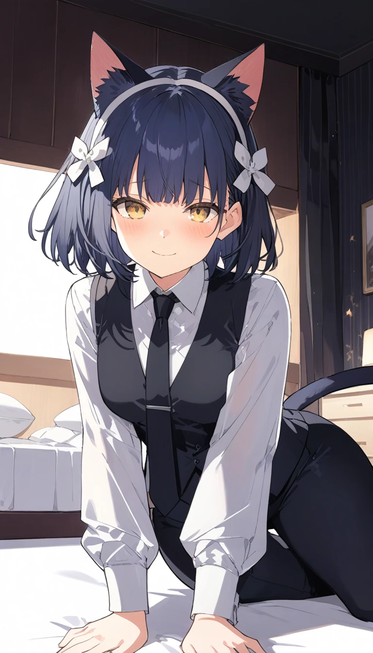 score_9, score_8_up, score_7_up, source_anime, 1girl, yellow eyes, room, wariza, medium hair, pixie bob haircut, dark blue hair, portrait, starshadowmagician, solo, Adult woman, best perfect anatomy, thin, curvy body, flat breasts, curvy body, close up shot on person, a woman showing embarrassment, shy face, blush, light smile, (lying down, hand between her legs), mature woman laying prone on bed, wear cat ear headband, white shirt, black tie, format black vest, Long-sleeved shirt, white format gloves, black trousers, dynamic angle. perfect dynamic composition, foreshortening, night days, volumetric lighting, dark hotel bedroom background,