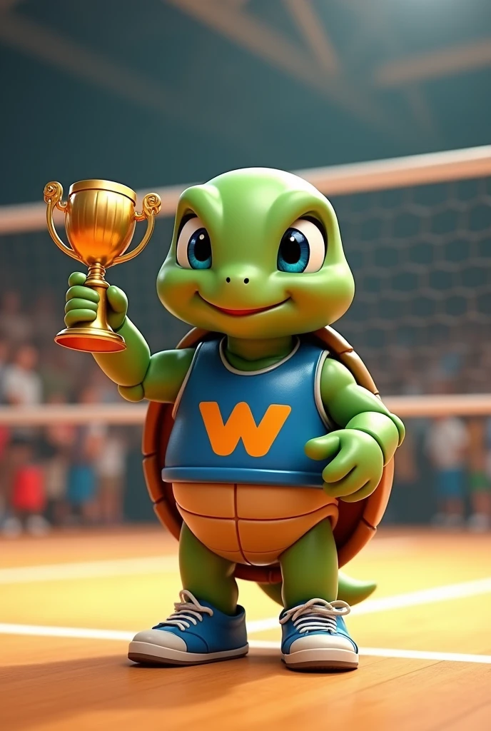 Waku, an adorable turtle with vibrant green skin and a rich brown shell, looks up with bright blue eyes shining with excitement, as if celebrating a triumphant spike, stands on a modern indoor volleyball court with polished wooden floors, waving and presenting to the spectators with his volleyball champion trophy, wearing a blue tank top with a stylized orange lowercase "W" logo on the chest, his tiny tennis shoes tied and ready, capturing the essence of his cheerful and competitive spirit, with soft, warm lighting casting a comforting glow on the overall scene. He is greeting the public