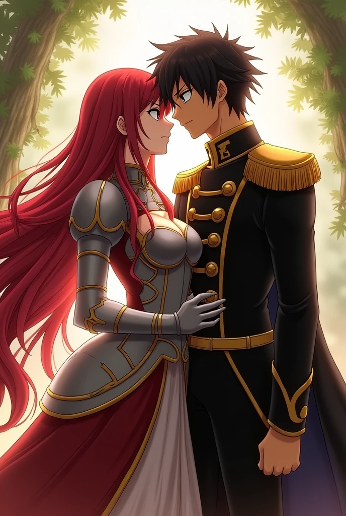 A wallpaper of Erza Scarlet with her husband. The man is black haired, black eyes, have an introvert personality. He is wearing a blackgold uniform. The main title to write is "Rai Sonata X Erza Scarlet"