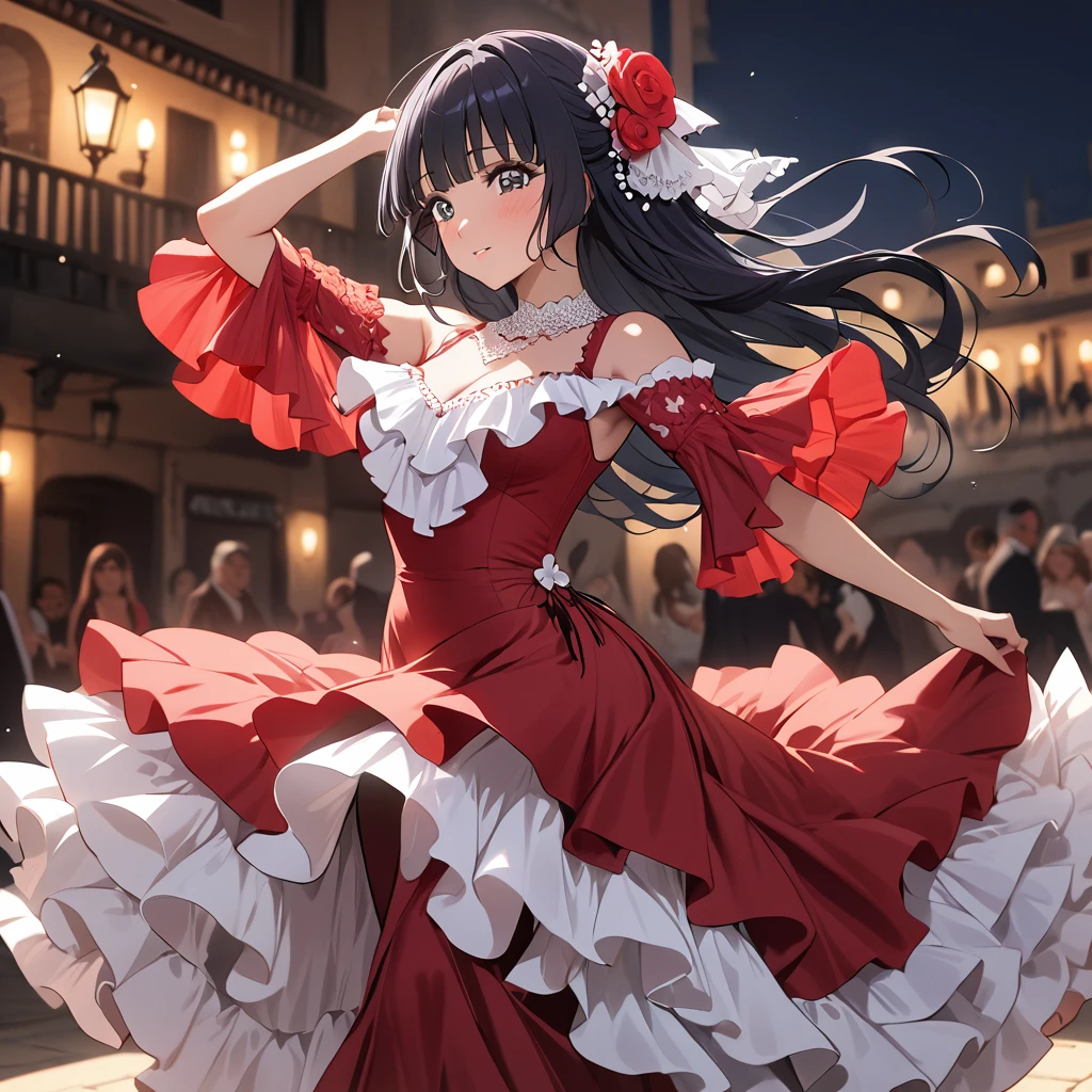 ((Highest quality)), ((masterpiece)), (detailed), （Perfect Face）、The woman is Reika Aoki with semi-long hair、Woman dancing flamenco in flamenco dress in Spain