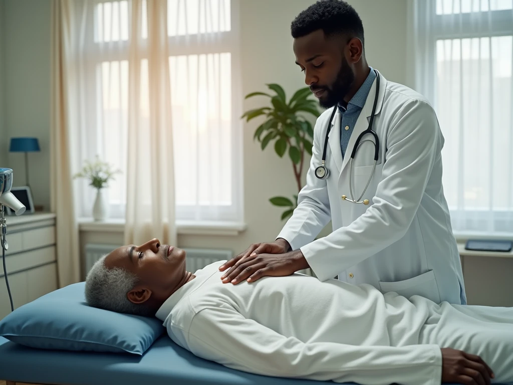 NSFW, Photo brute 8k, Meilleure qualité, chef-d&#39;œuvre, ultra haute résolution, grain de film, film, 1 médecin africain, 1 homme âgé africain à allongé sur le dos , le medinc fait un massa au dos à l'homme âgée qui est allongé sur une table de massage dans une pièce d'hospitalisation, le médecin a un stéthoscope au cou, habillé en blouse de docteur, l'homme âgée habillé normalement 