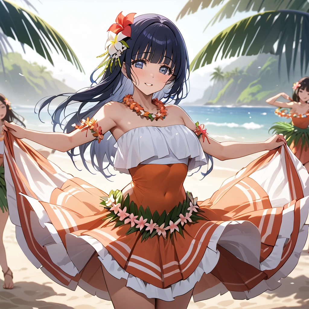 ((Highest quality)), ((masterpiece)), (detailed), (Perfect Face)、The woman is Reika Aoki with semi-long hair、The woman is wearing a Tahitian dance costume, has a Tahitian hairstyle, and is dancing the Tahitian dance.