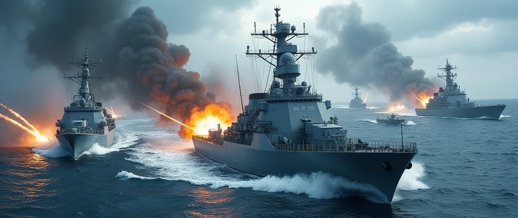 High-resolution photo of a naval battle between China and the United States, featuring modern warships, missile launches, and intense sea skirmishes, with dramatic lighting and a turbulent ocean backdrop, masterpiece, best quality, 4k, realistic style, dynamic lighting, depth of field, detailed ships, detailed battle scene.