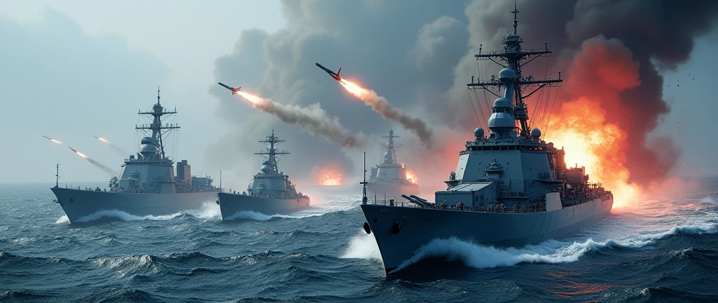 High-resolution photo of a naval battle between China and the United States, featuring modern warships, missile launches, and intense sea skirmishes, with dramatic lighting and a turbulent ocean backdrop, masterpiece, best quality, 4k, realistic style, dynamic lighting, depth of field, detailed ships, detailed battle scene.
