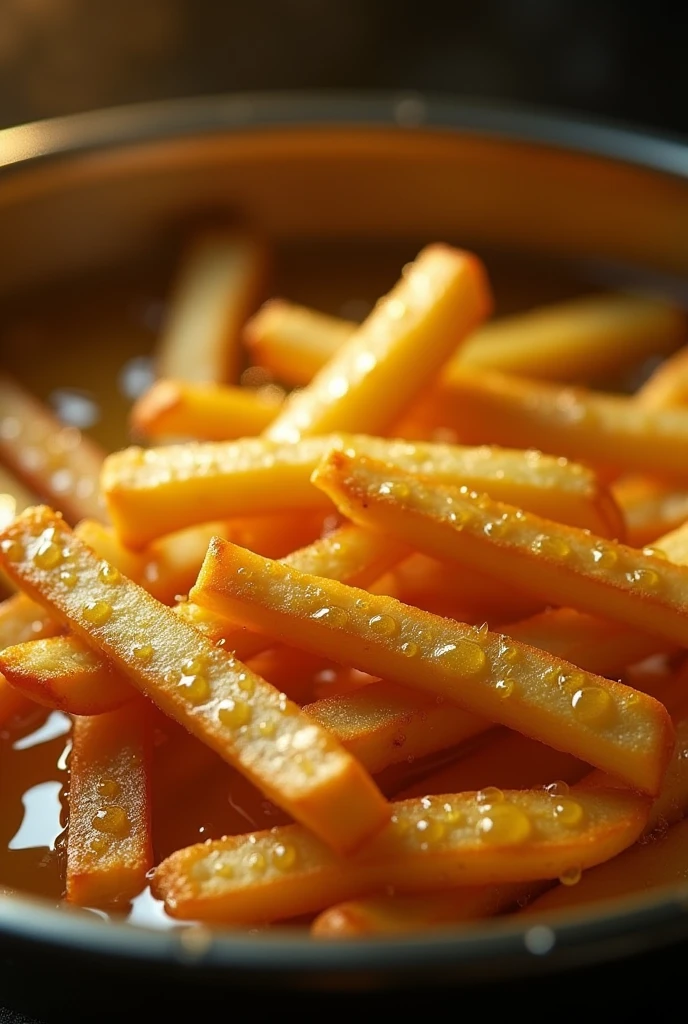 (masterpiece, best quality, ultra-detailed, photorealistic, cinematic lighting), A hyper-detailed, high-contrast, 8K HD image of golden french fries being deep-fried in hot oil, with each fry perfectly crisp and golden brown. The fries are submerged in the oil inside a metal basket, with bubbles and droplets of oil sparkling in the warm, inviting light. The focus is on the fries as they sizzle in the oil, capturing the appetizing texture and the moment of cooking. The background is slightly blurred to emphasize the fries, giving a sense of freshness and deliciousness. The image should evoke a sense of craving, highlighting the perfect golden color and the crispiness of the fries.