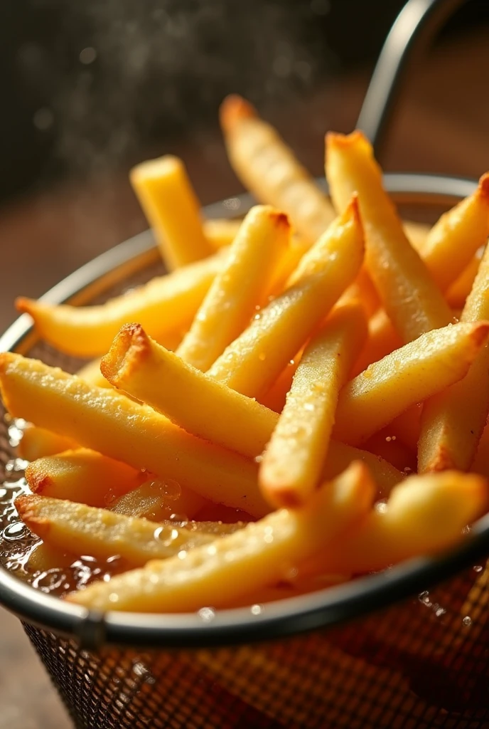 (masterpiece, best quality, ultra-detailed, photorealistic, cinematic lighting), A hyper-detailed, high-contrast, 8K HD image of golden french fries being deep-fried in hot oil, with each fry perfectly crisp and golden brown. The fries are submerged in the oil inside a metal basket, with bubbles and droplets of oil sparkling in the warm, inviting light. The focus is on the fries as they sizzle in the oil, capturing the appetizing texture and the moment of cooking. The background is slightly blurred to emphasize the fries, giving a sense of freshness and deliciousness. The image should evoke a sense of craving, highlighting the perfect golden color and the crispiness of the fries.