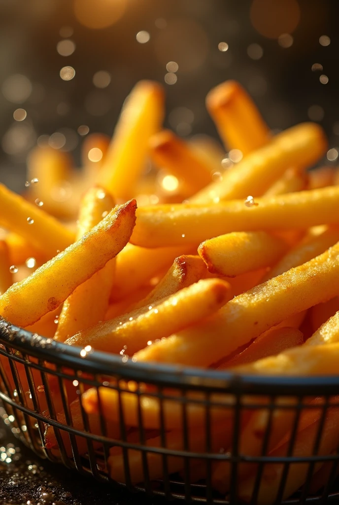 (masterpiece, best quality, ultra-detailed, photorealistic, cinematic lighting), A hyper-detailed, high-contrast, 8K HD image of golden french fries being deep-fried in hot oil, with each fry perfectly crisp and golden brown. The fries are submerged in the oil inside a metal basket, with bubbles and droplets of oil sparkling in the warm, inviting light. The focus is on the fries as they sizzle in the oil, capturing the appetizing texture and the moment of cooking. The background is slightly blurred to emphasize the fries, giving a sense of freshness and deliciousness. The image should evoke a sense of craving, highlighting the perfect golden color and the crispiness of the fries.
