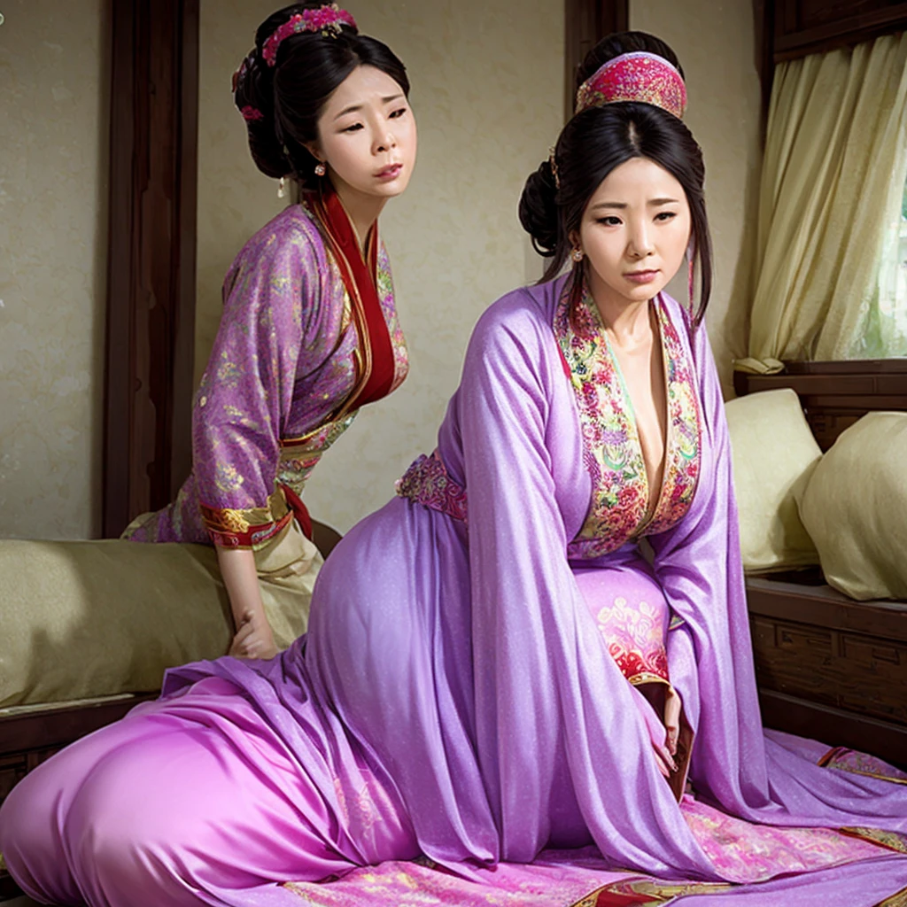 A 40-year-old woman in Hanfu lay down and struggled, with wide buttocks and raised hips. She faced forward with a panicked expression, eyes wide open, plump, long legs, and a natural posture. Only one woman removed excess limbs and head.