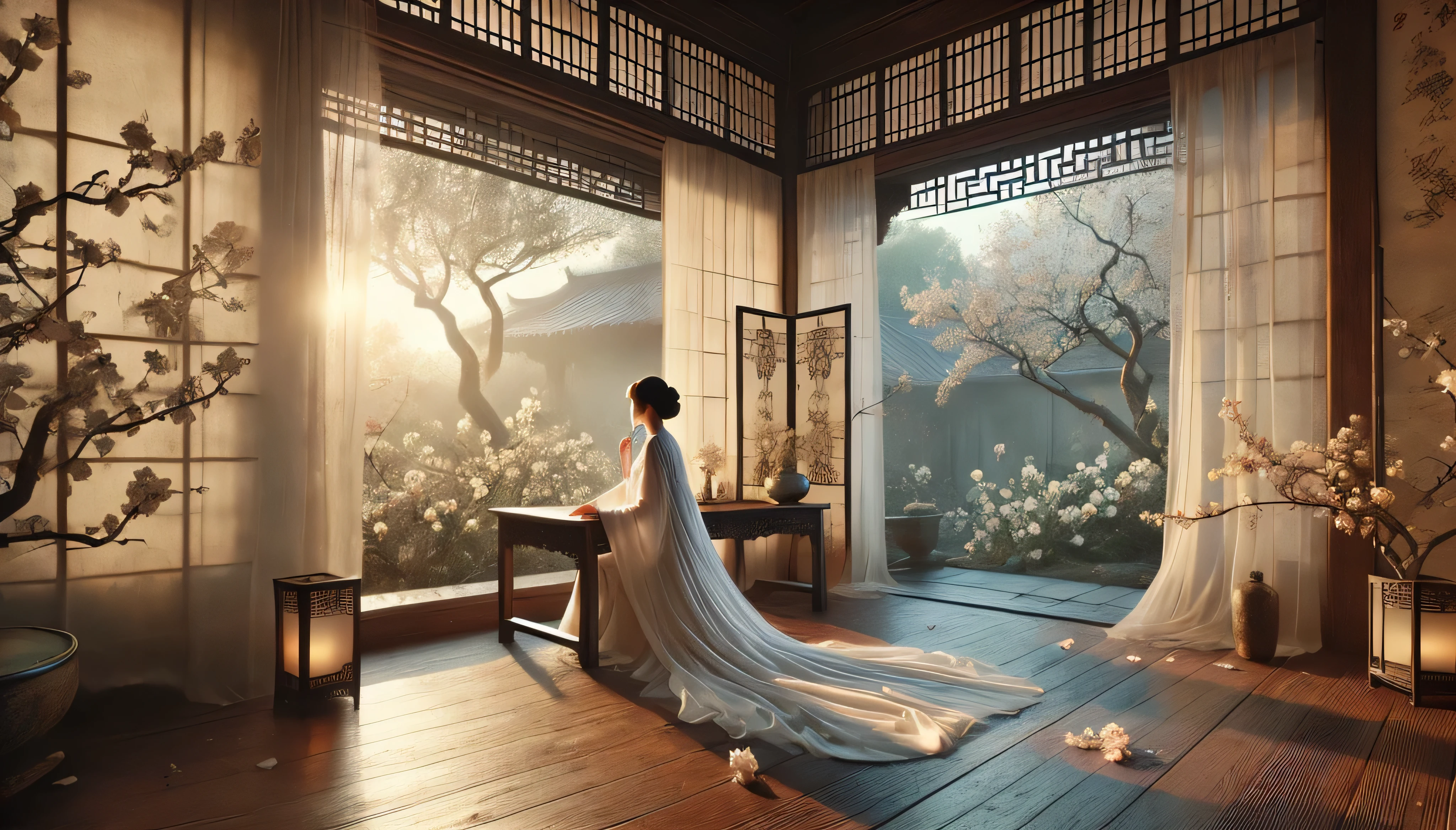 there is a woman sitting at a table in a room with a window, palace , a girl in hanfu, beautiful render of tang dynasty, inspired by Tang Yin, beautiful digital artwork, cinematic. by leng jun, chinese fantasy, inspired by Fenghua Zhong, white hanfu, ancient chinese princess, chinese style, oriental fantasy, by Fei Danxu