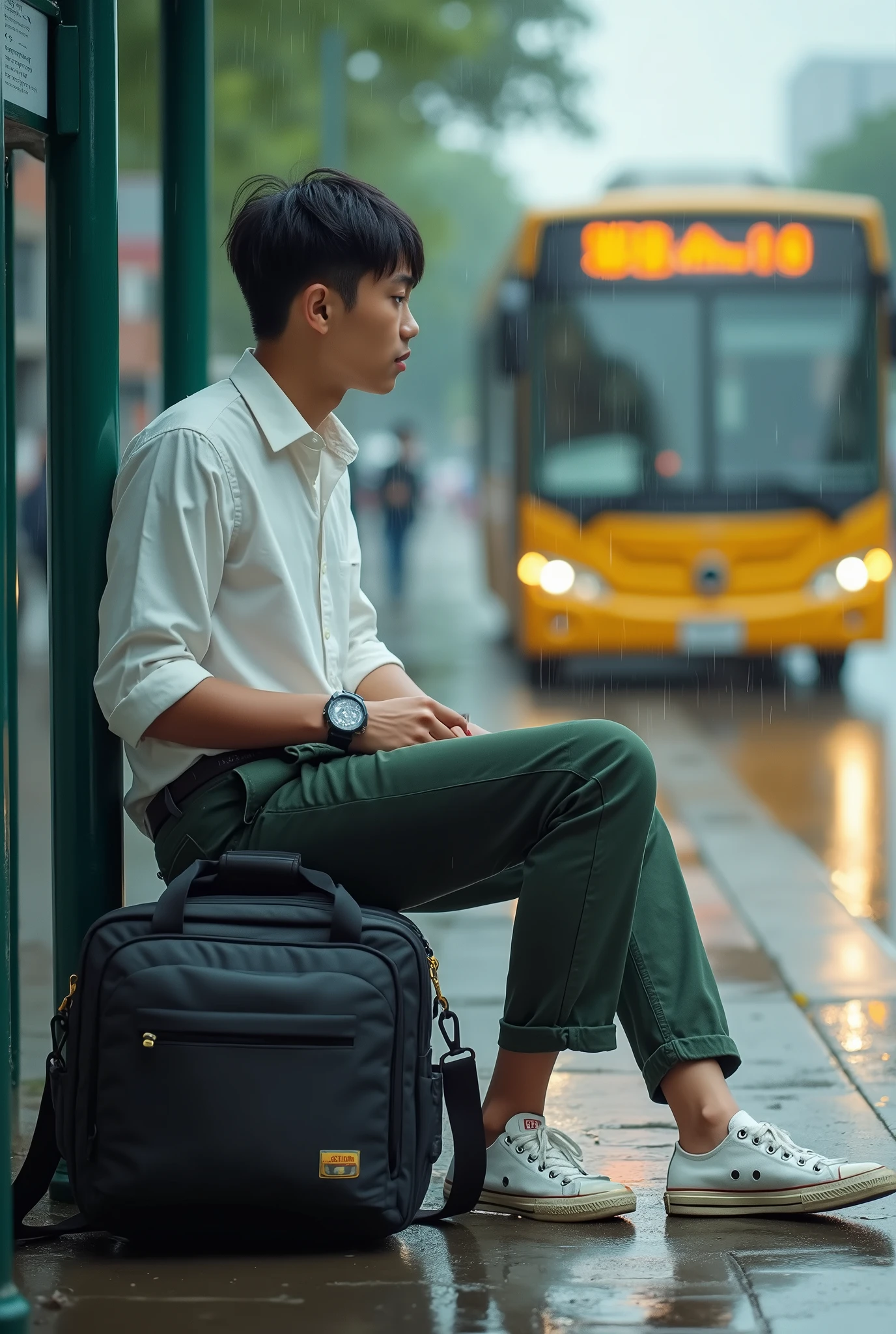 Malaysia man average 1. Teenage man , wear white collar clothes. Black belt. Dark green long pants. Holding body glove bag ,dirty white converse shoes. Sitting on the bus stops. Figure four lock. Wear g shocked watch. Raining day. Wet road. Background bus coming.