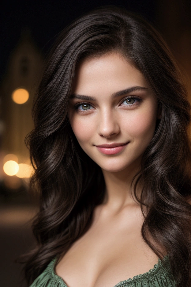 Pretty beautiful European brunette with dark green eyes, night photo, picture of the whole body, loose hair waist, very detailed, innocent face , face length 1.3 times face width, high cheekbones, naturally wavy hair, high resolution, masterpiece, Best quality, intricate details, highly detailed, sharpness, detailed skin, Realistic skin texture, texture, eyes detailed, professional, 4k, Charming smile, depth of field, kodak vision color, perfect fit body, extremely detailed, photo_\(ultra\), photoRealistic, Realistic, Post-processing, maximum details,