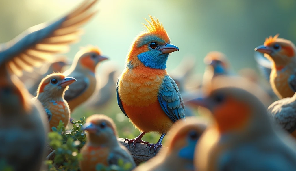 Young beautiful bird surrounded by other birds