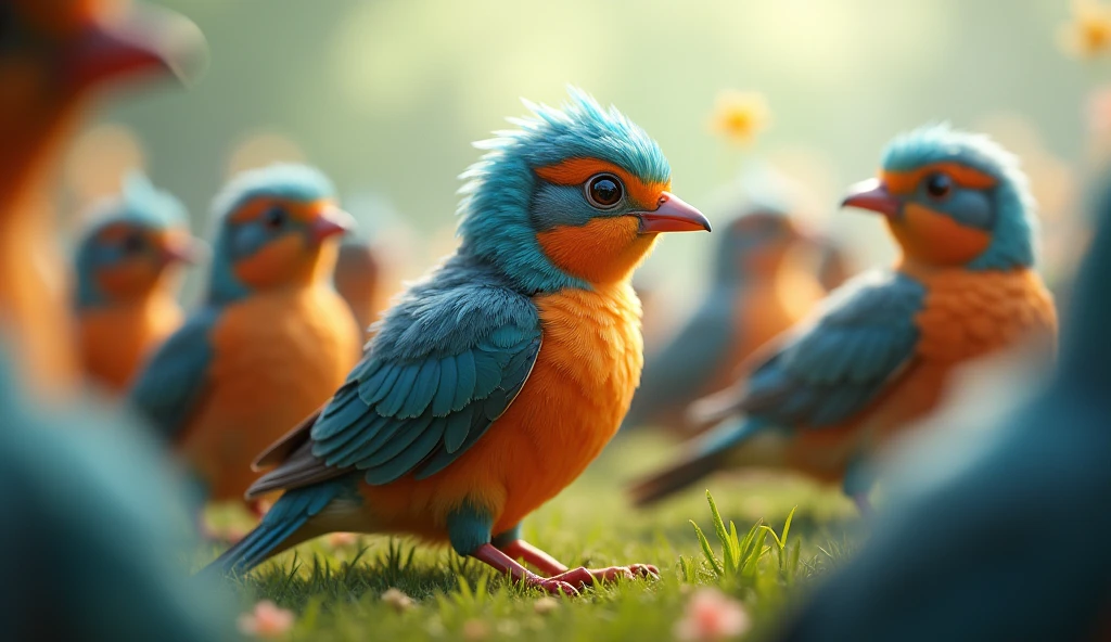 Young beautiful bird surrounded by other birds
