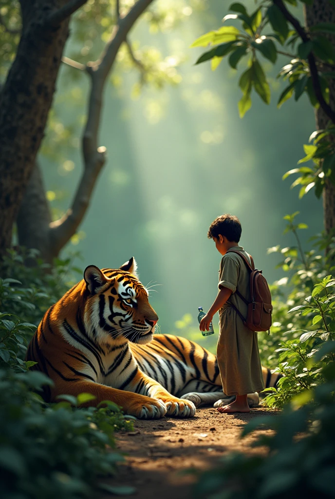 একটি গভীর জঙ্গল, যেখানে একটি দুর্বল বাঘ মাটিতে শুয়ে আছে। পাশে একটি মুসলিম ছেলে, জল এবং খাবার নিয়ে যাচ্ছে। এমন পিক তৈরি করে দাও