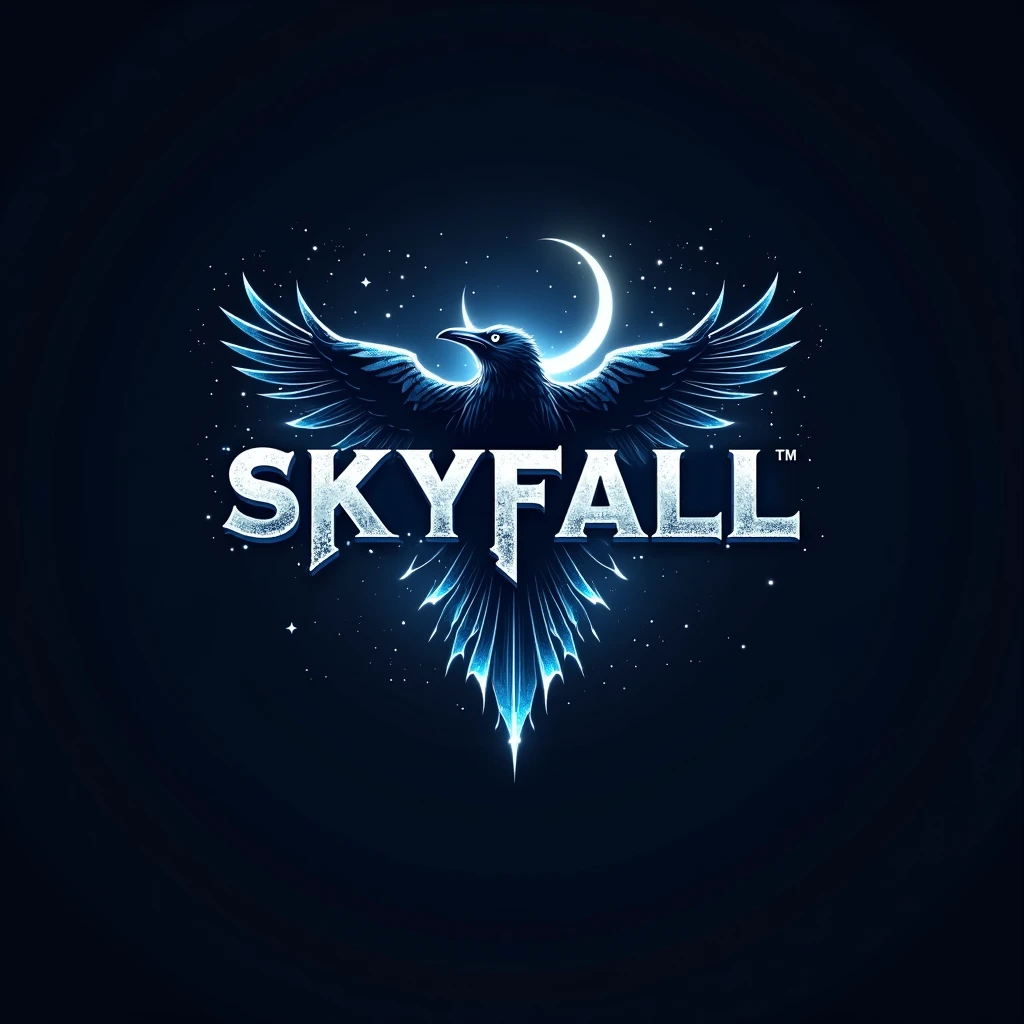 "Craft a 'SKYFALL' gaming logo that radiates a sense of mystery and epic scale. The design should use a color palette dominated by dark indigo and deep black, with glowing accents of ethereal white and neon blue to suggest a mystical night sky. The logo should feature a dramatic and angular font that feels both sleek and powerful, with sharp edges or broken segments to give it a rugged, battle-hardened look.Incorporate dynamic elements such as a stylized silhouette of a raven in flight, falling feathers, or shards of shattered glass to symbolize the act of falling from the sky. Consider adding faint star constellations or a shadowy crescent moon to enhance the cosmic, mysterious theme. The design should evoke a sense of anticipation and allure, appealing to gamers who are drawn to adventure and the unknown. The logo must stand out on streaming channels, esports jerseys, and digital media, leaving a lasting impression with its haunting and captivating imagery.